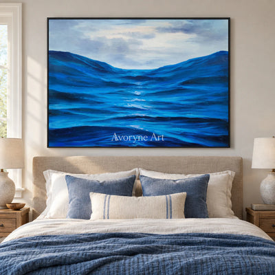 Between Blue Swells: Blue Impressionist Ocean Wave Wall Art — bedroom black
