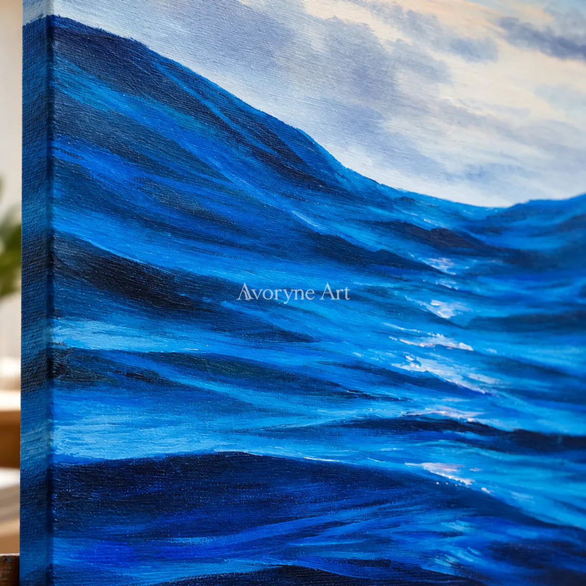 Between Blue Swells: Blue Impressionist Ocean Wave Wall Art — detail easel