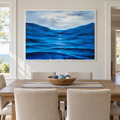 Between Blue Swells: Blue Impressionist Ocean Wave Wall Art — dining white