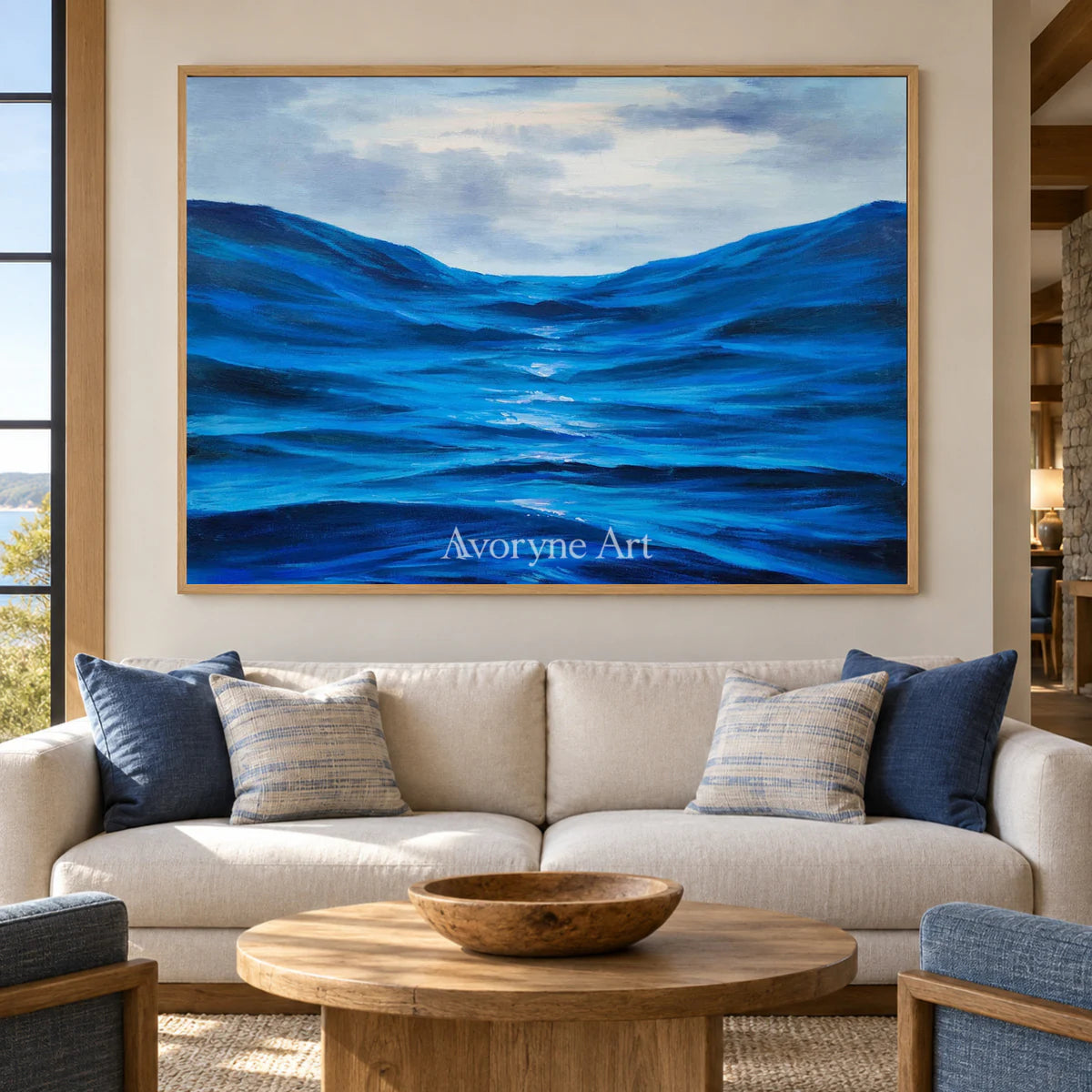 Between Blue Swells: Blue Impressionist Ocean Wave Wall Art — hotel wood