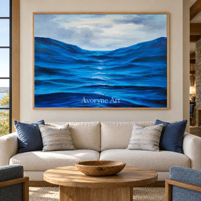Between Blue Swells: Blue Impressionist Ocean Wave Wall Art — hotel wood