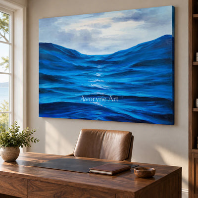 Between Blue Swells: Blue Impressionist Ocean Wave Wall Art — office frameless