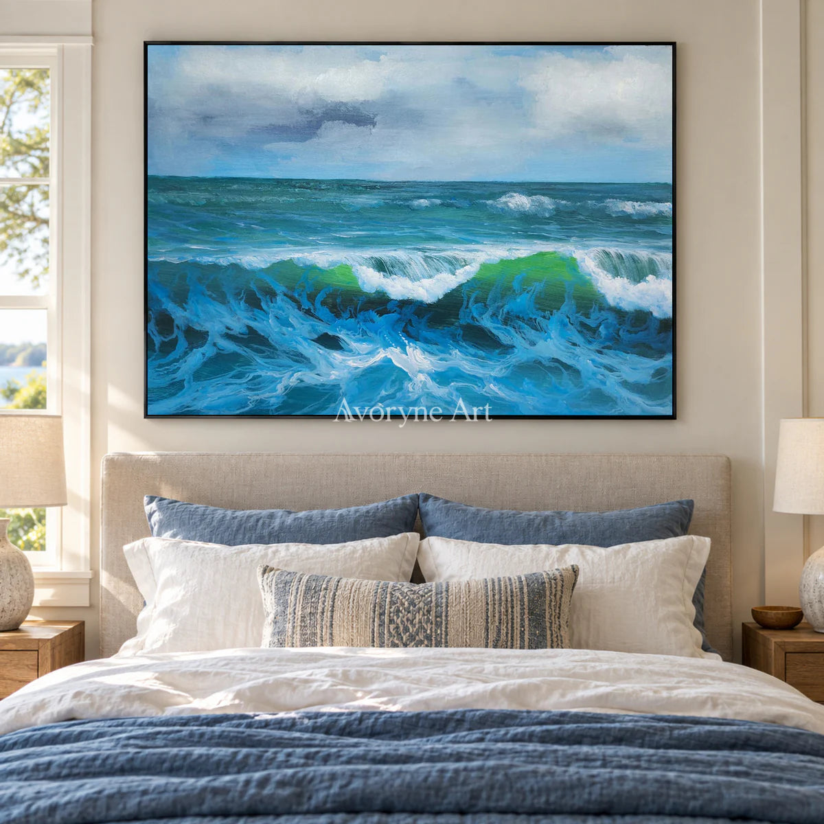 The Turning Crest: Blue Impressionist Rolling Surf Wall Art — bedroom black
