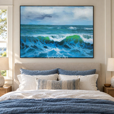 The Turning Crest: Blue Impressionist Rolling Surf Wall Art — bedroom black