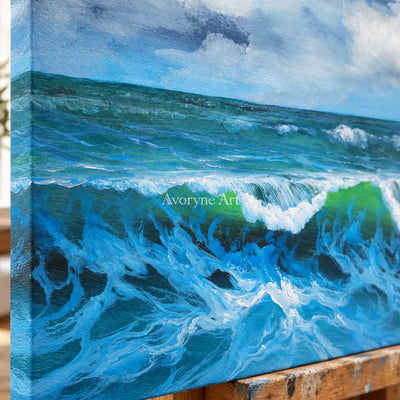 The Turning Crest: Blue Impressionist Rolling Surf Wall Art — detail easel