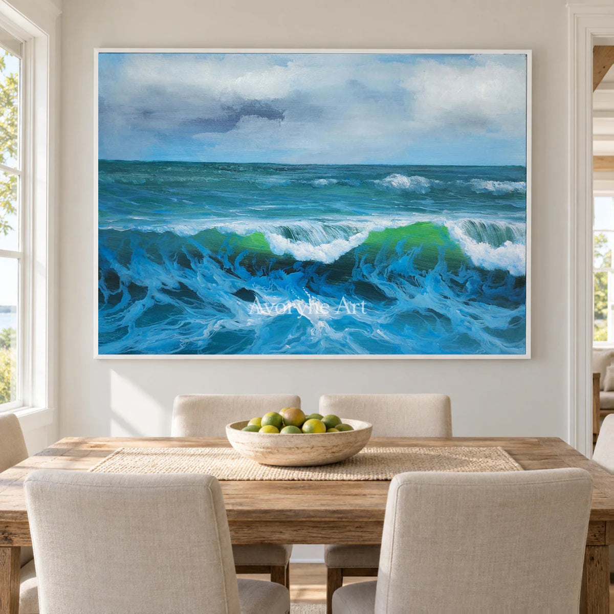 The Turning Crest: Blue Impressionist Rolling Surf Wall Art — dining white
