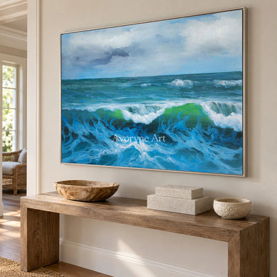 The Turning Crest: Blue Impressionist Rolling Surf Wall Art — entry silver