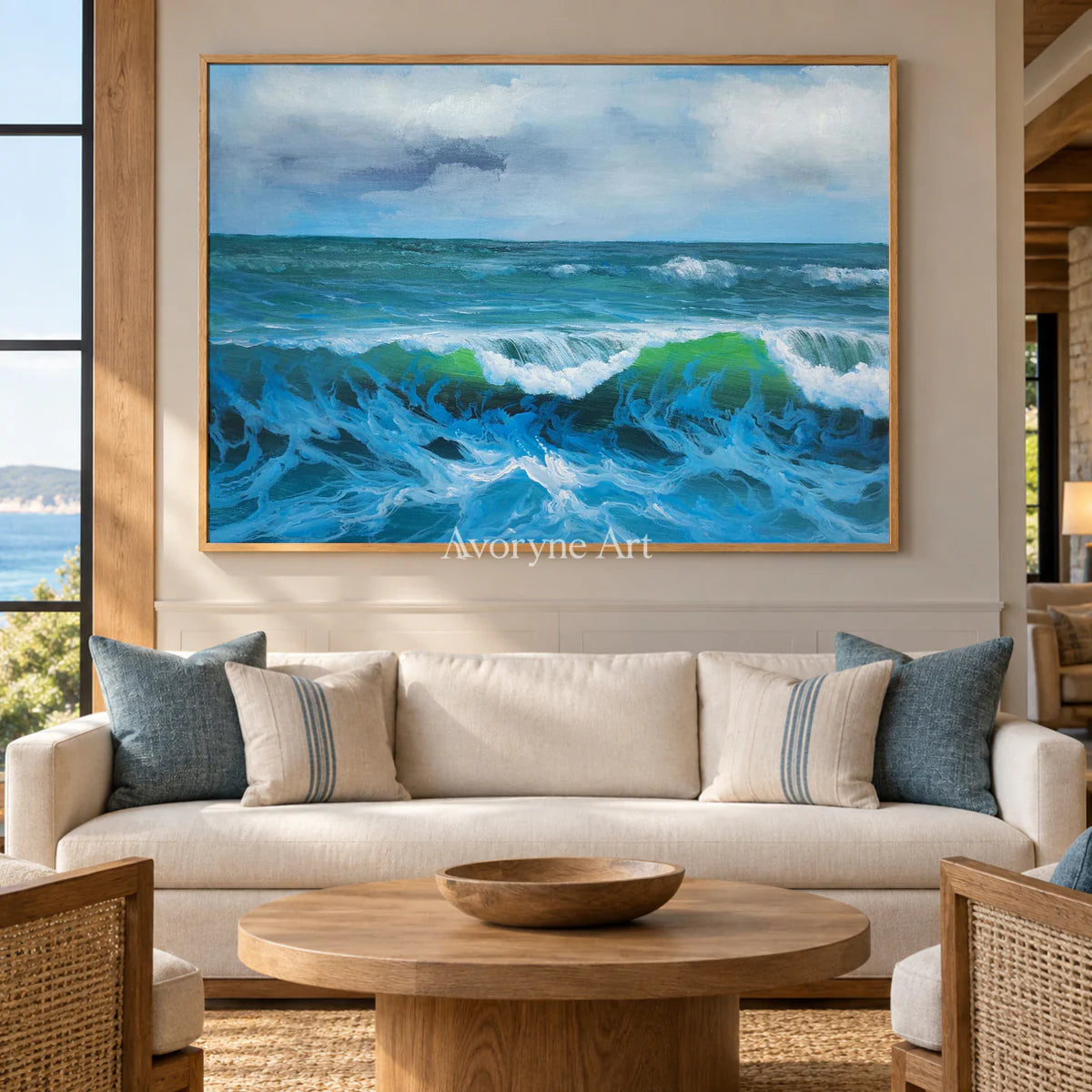 The Turning Crest: Blue Impressionist Rolling Surf Wall Art — hotel wood