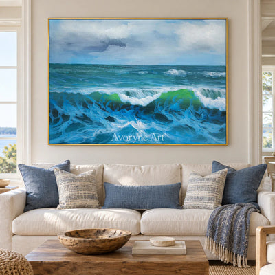 The Turning Crest: Blue Impressionist Rolling Surf Wall Art — living gold