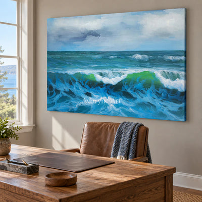 The Turning Crest: Blue Impressionist Rolling Surf Wall Art — office frameless