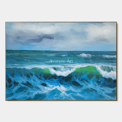 The Turning Crest: Blue Impressionist Rolling Surf Wall Art — primary