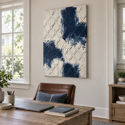 Weathered Current blue ivory grid wall art as a frameless stretched canvas in a home office