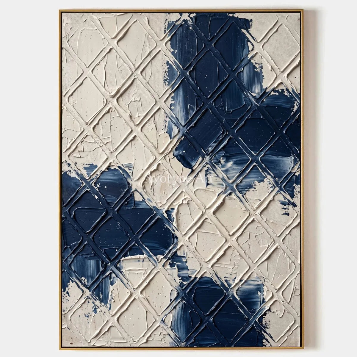 Weathered Current, hand-painted blue ivory grid wall art by Lin Qiao