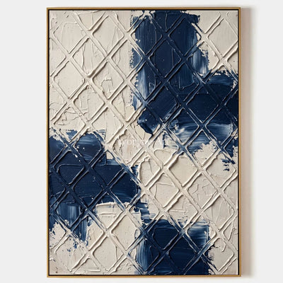 Weathered Current, hand-painted blue ivory grid wall art by Lin Qiao