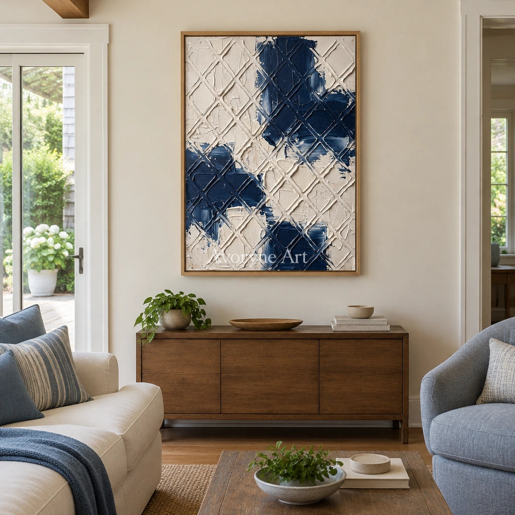 Weathered Current blue ivory grid wall art with a wood frame in a villa living space