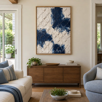 Weathered Current blue ivory grid wall art with a wood frame in a villa living space