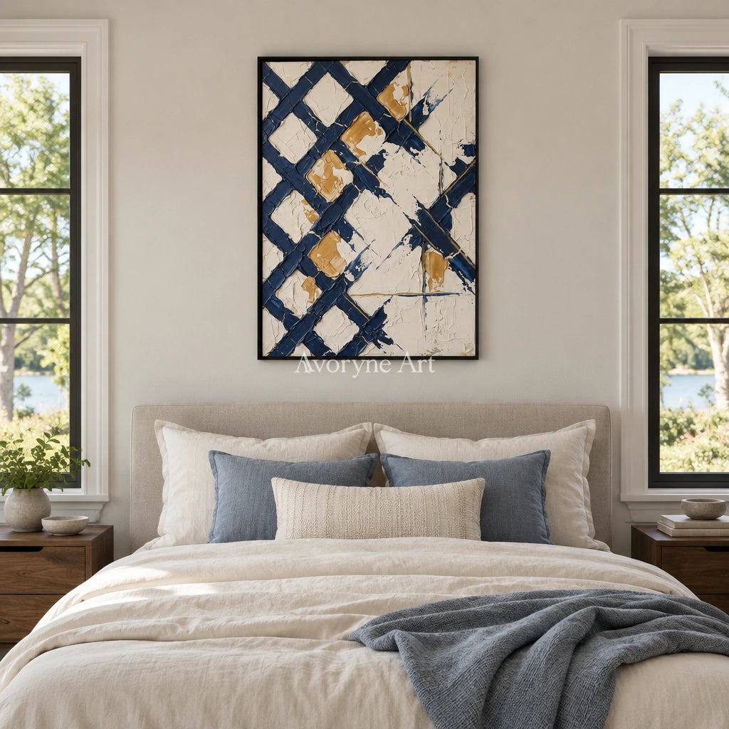 Earthen Refrain blue ivory grid wall art with a black frame above a bed in a bedroom