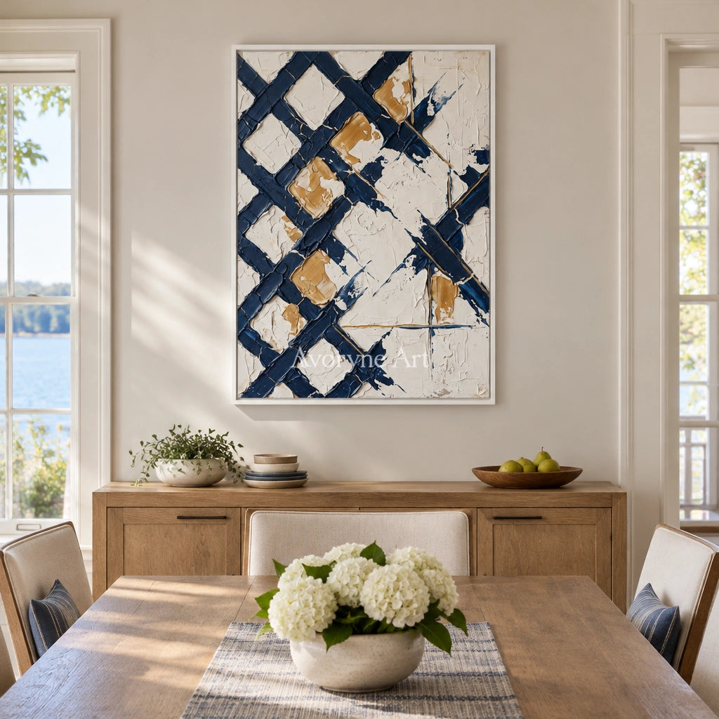 Earthen Refrain blue ivory grid wall art with a white frame in a dining room
