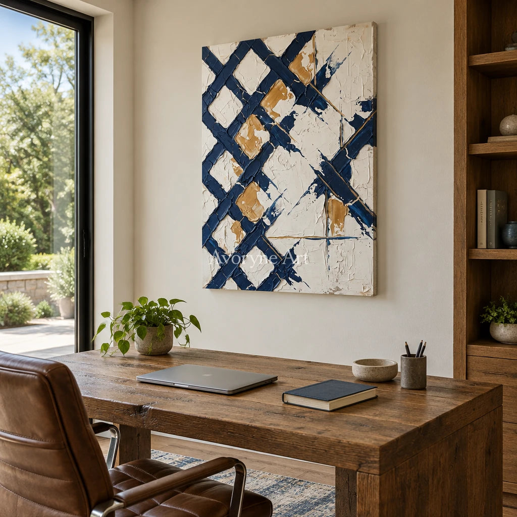 Earthen Refrain blue ivory grid wall art as a frameless stretched canvas in a home office
