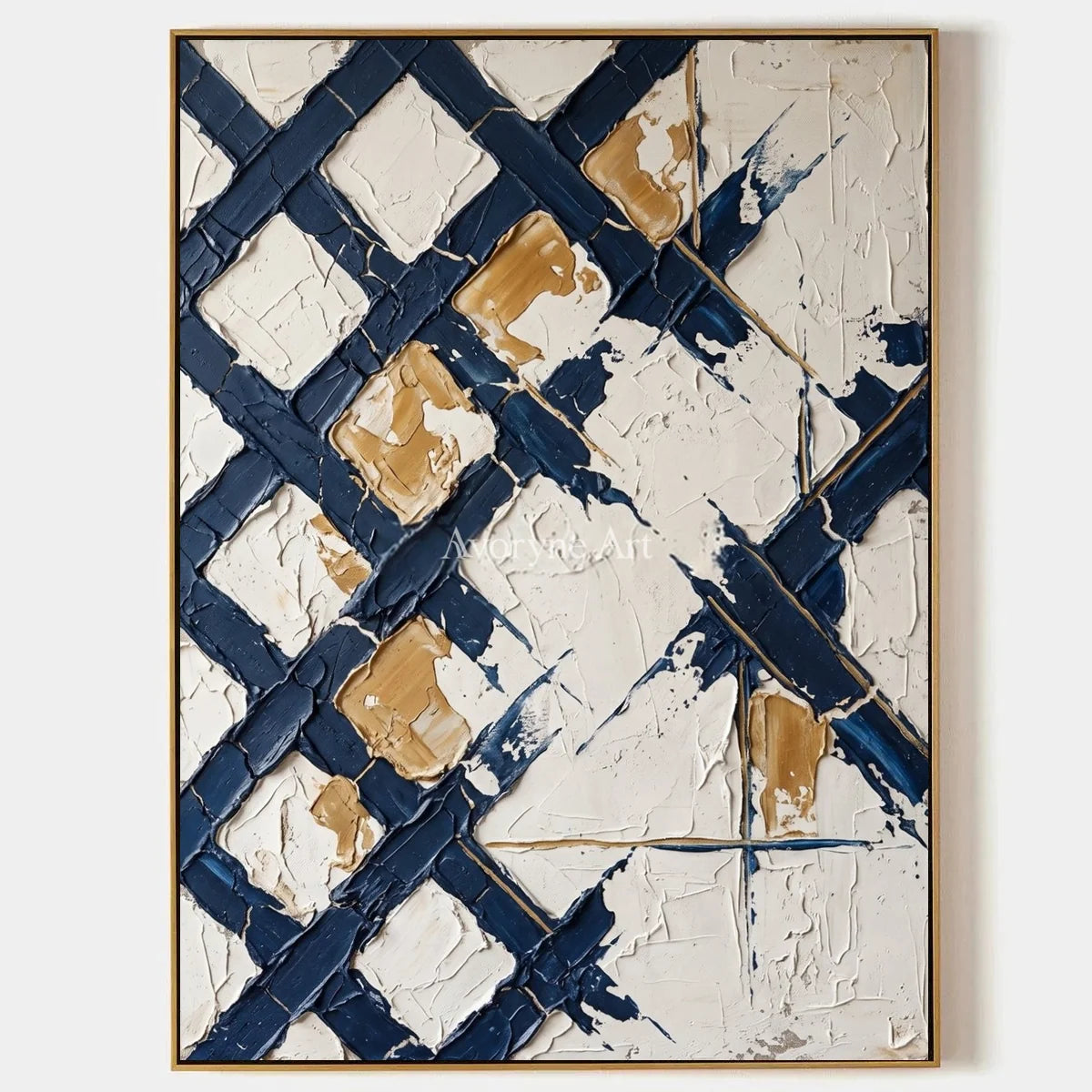 Earthen Refrain, hand-painted blue ivory grid wall art by Lin Qiao