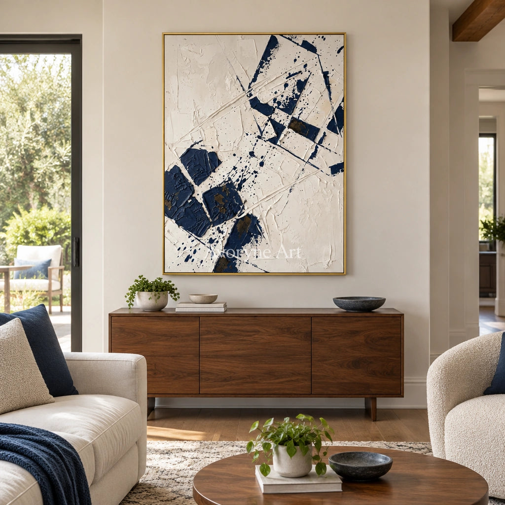 Earthen Reverie blue ivory grid wall art with a gold frame hanging in a living room