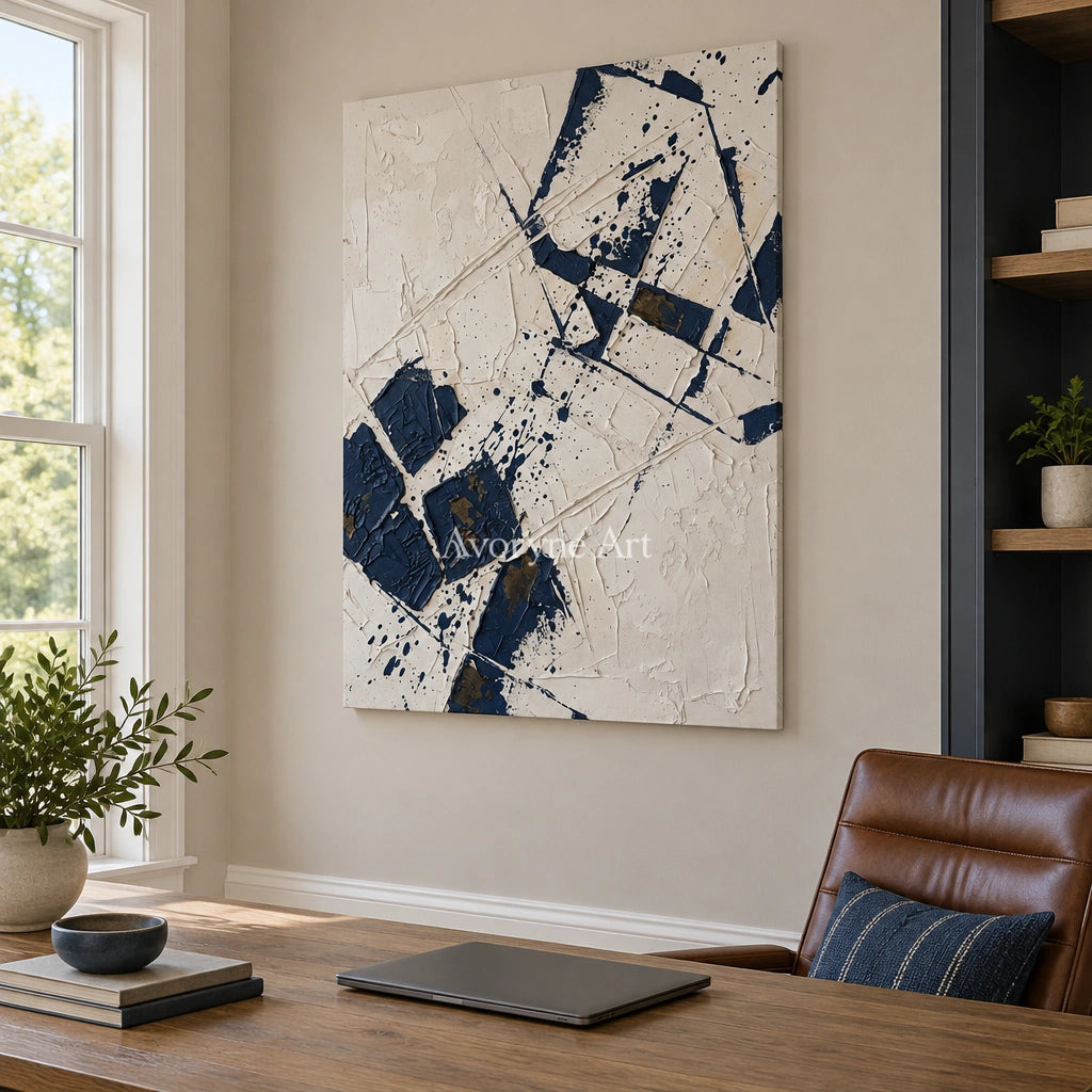 Earthen Reverie blue ivory grid wall art as a frameless stretched canvas in a home office