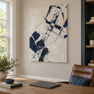 Earthen Reverie blue ivory grid wall art as a frameless stretched canvas in a home office