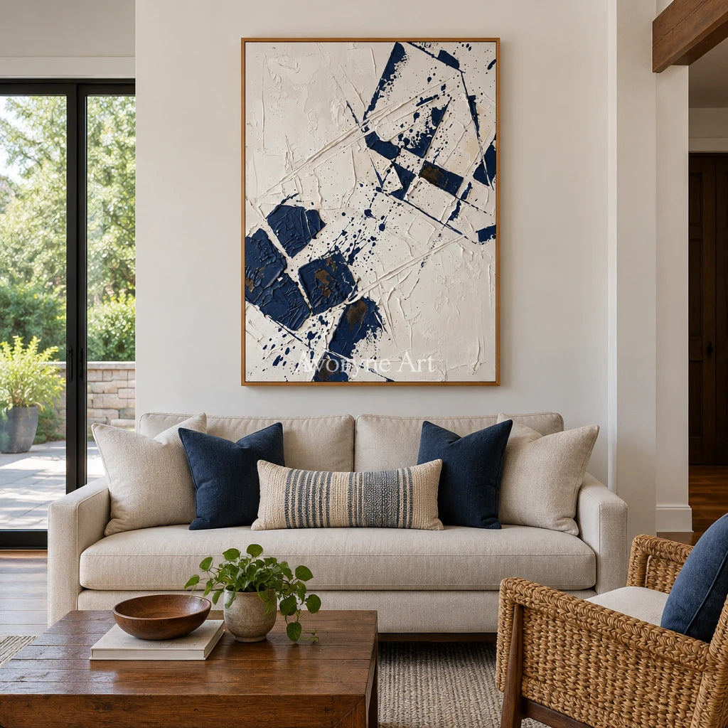 Earthen Reverie blue ivory grid wall art with a wood frame in a villa living space