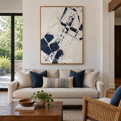 Earthen Reverie blue ivory grid wall art with a wood frame in a villa living space