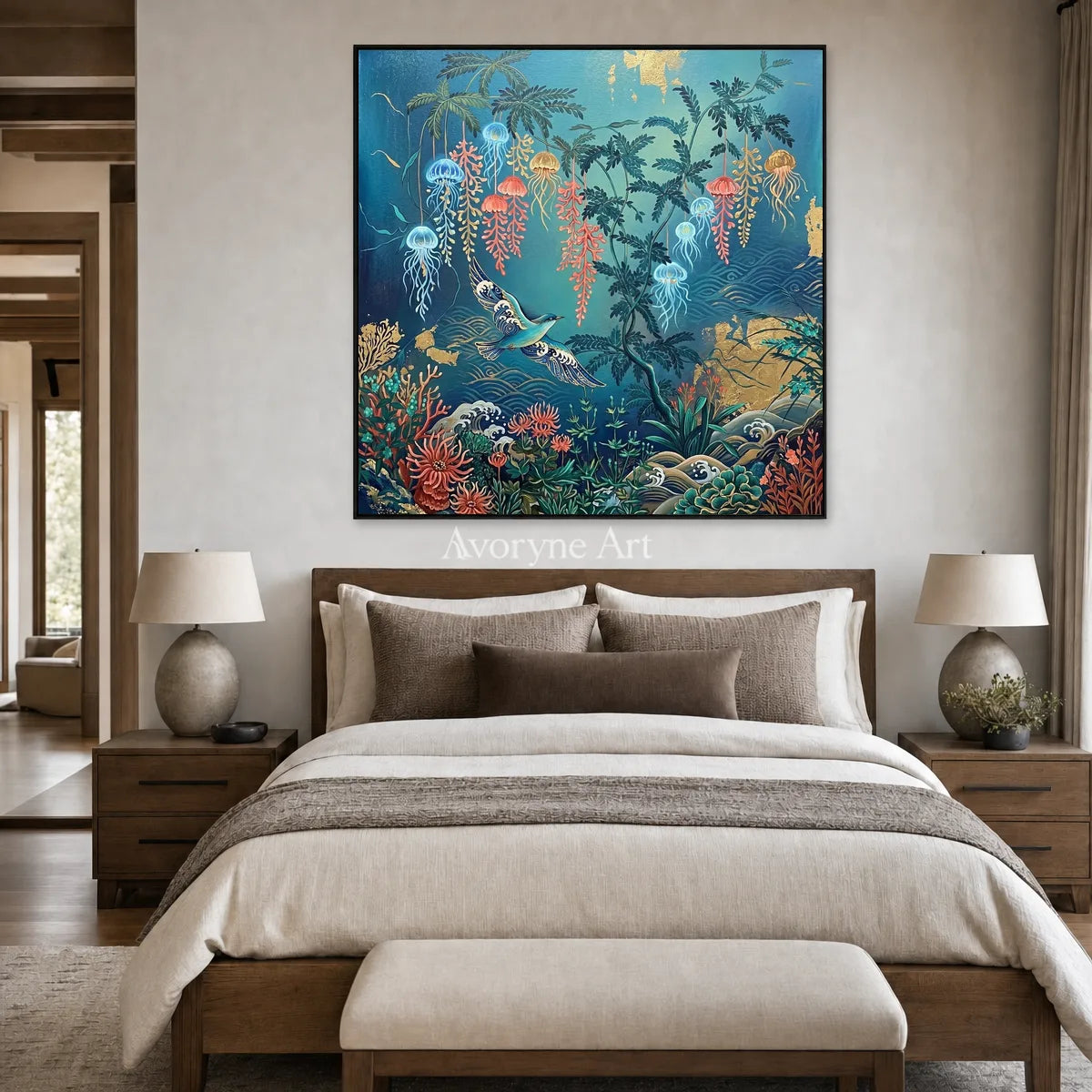 Pelagic Garden: Blue Jellyfish and Birds Square Wall Art — bedroom black