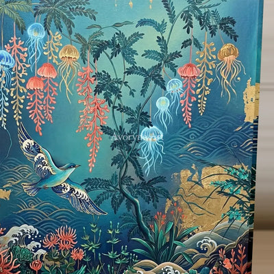 Pelagic Garden: Blue Jellyfish and Birds Square Wall Art — detail easel