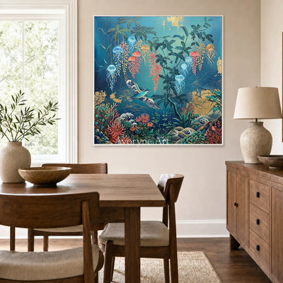Pelagic Garden: Blue Jellyfish and Birds Square Wall Art — dining white