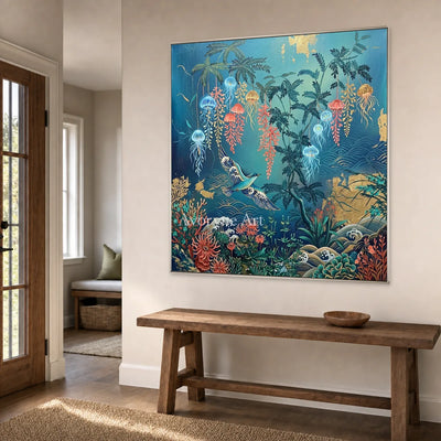 Pelagic Garden: Blue Jellyfish and Birds Square Wall Art — entry silver