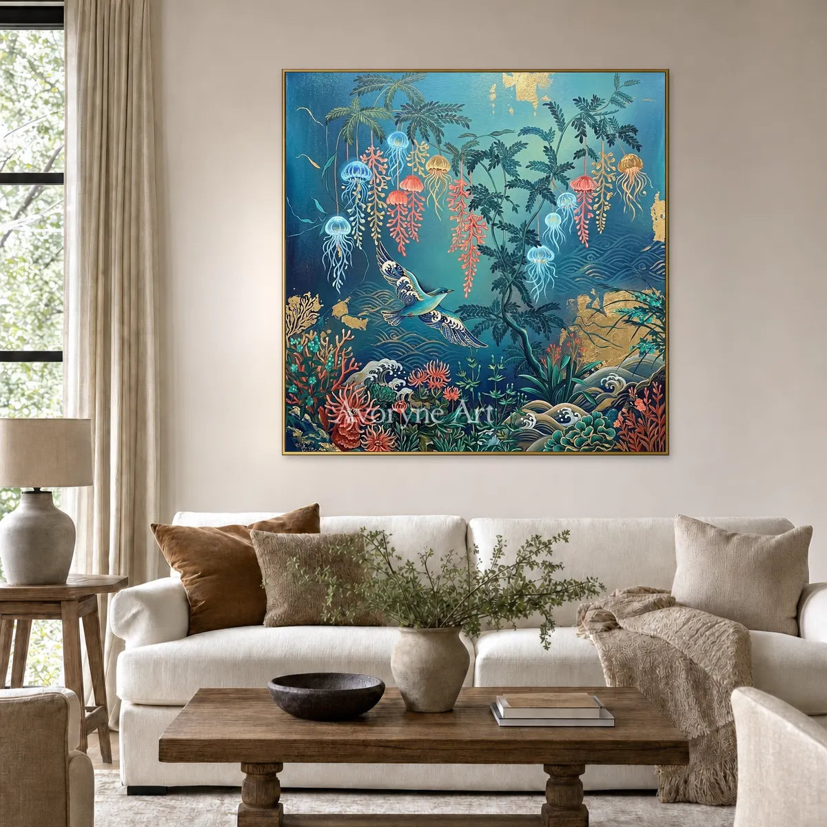 Pelagic Garden: Blue Jellyfish and Birds Square Wall Art — living gold