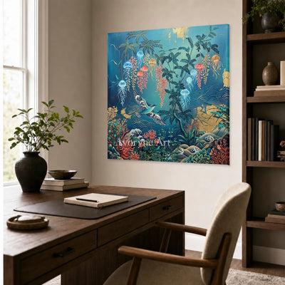 Pelagic Garden: Blue Jellyfish and Birds Square Wall Art — office frameless