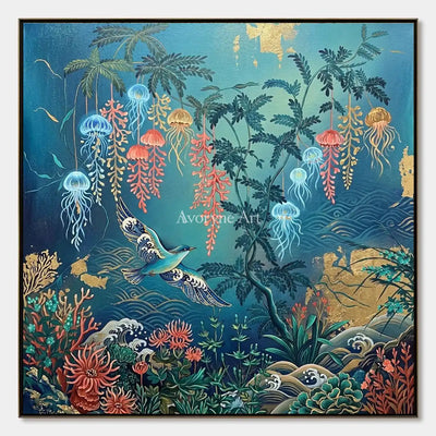 Pelagic Garden: Blue Jellyfish and Birds Square Wall Art — primary