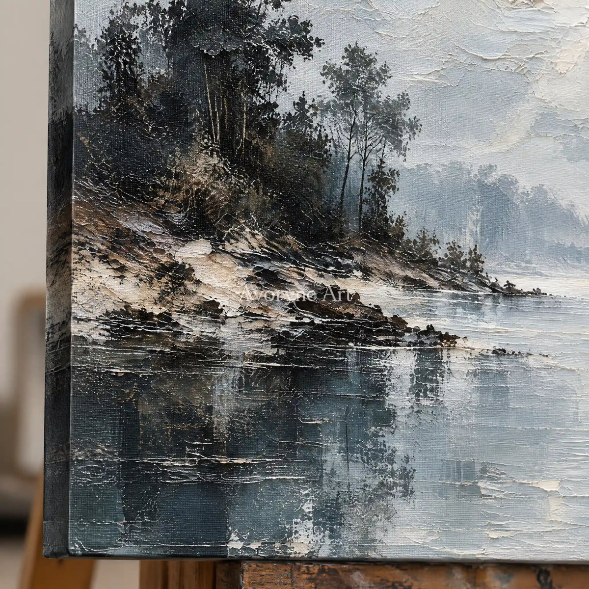 Serein Stillwater Veil: Blue Lake Landscape Art — detail easel