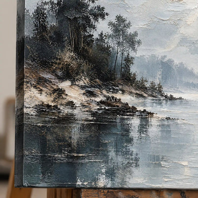 Serein Stillwater Veil: Blue Lake Landscape Art — detail easel