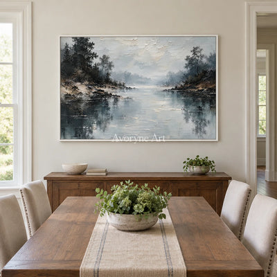 Serein Stillwater Veil: Blue Lake Landscape Art — dining white