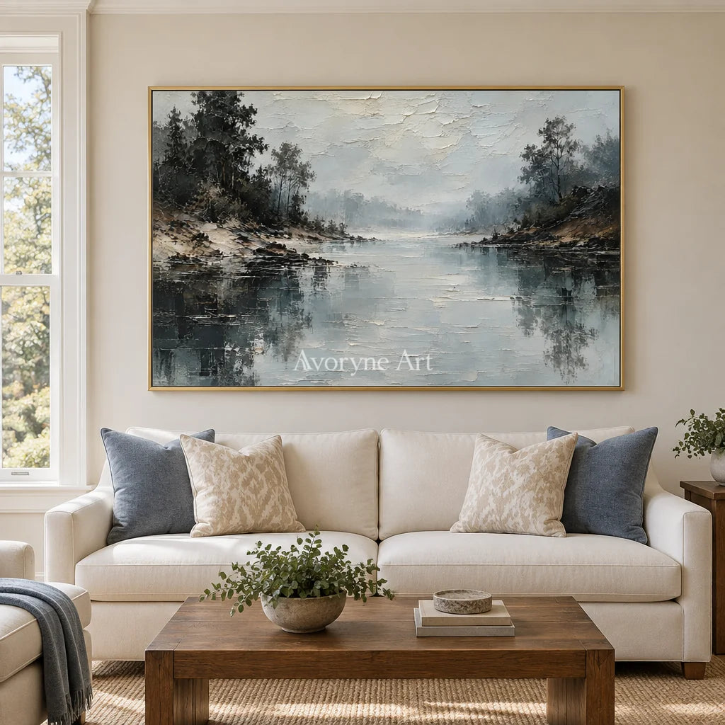Serein Stillwater Veil: Blue Lake Landscape Art — living gold