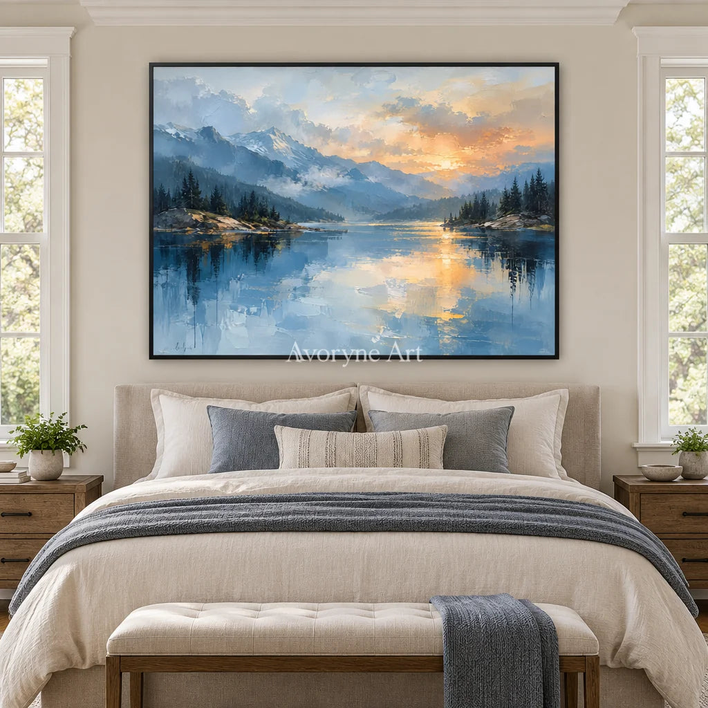 Alpine Afterglow: Blue Lake Sunset Wall Art — bedroom black