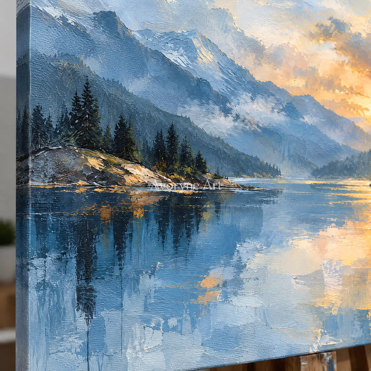 Alpine Afterglow: Blue Lake Sunset Wall Art — detail easel