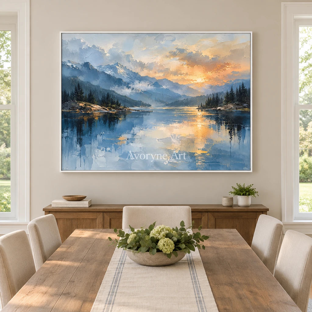 Alpine Afterglow: Blue Lake Sunset Wall Art — dining white