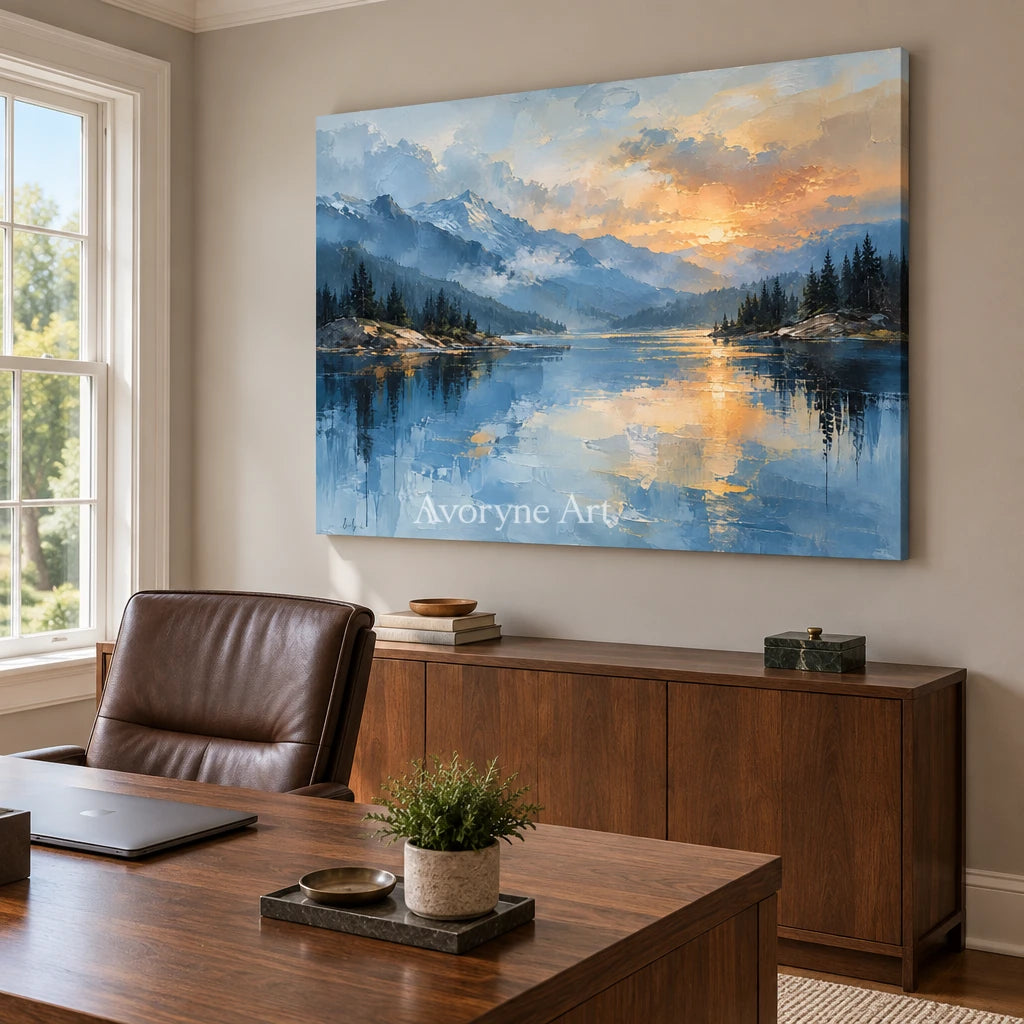 Alpine Afterglow: Blue Lake Sunset Wall Art — office frameless