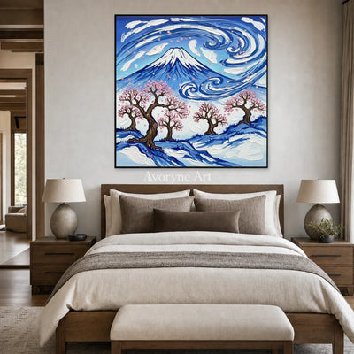 Fuji in Motion: Blue Mountain and Cherry Blossom Square Wall Art — bedroom black