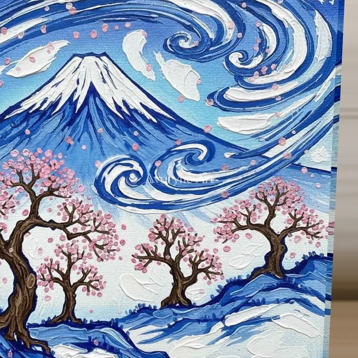 Fuji in Motion: Blue Mountain and Cherry Blossom Square Wall Art — detail easel