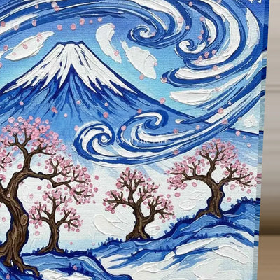 Fuji in Motion: Blue Mountain and Cherry Blossom Square Wall Art — detail easel