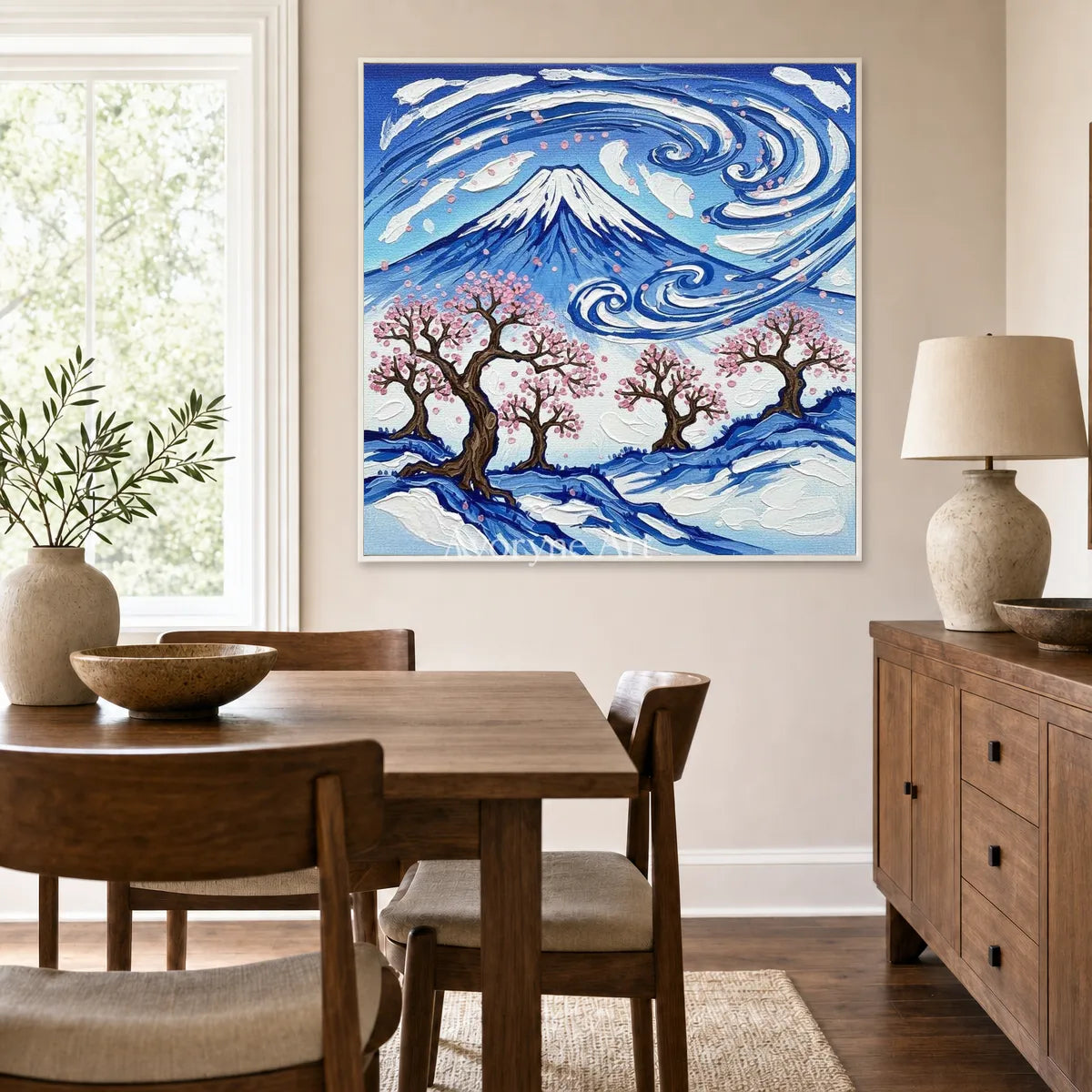 Fuji in Motion: Blue Mountain and Cherry Blossom Square Wall Art — dining white