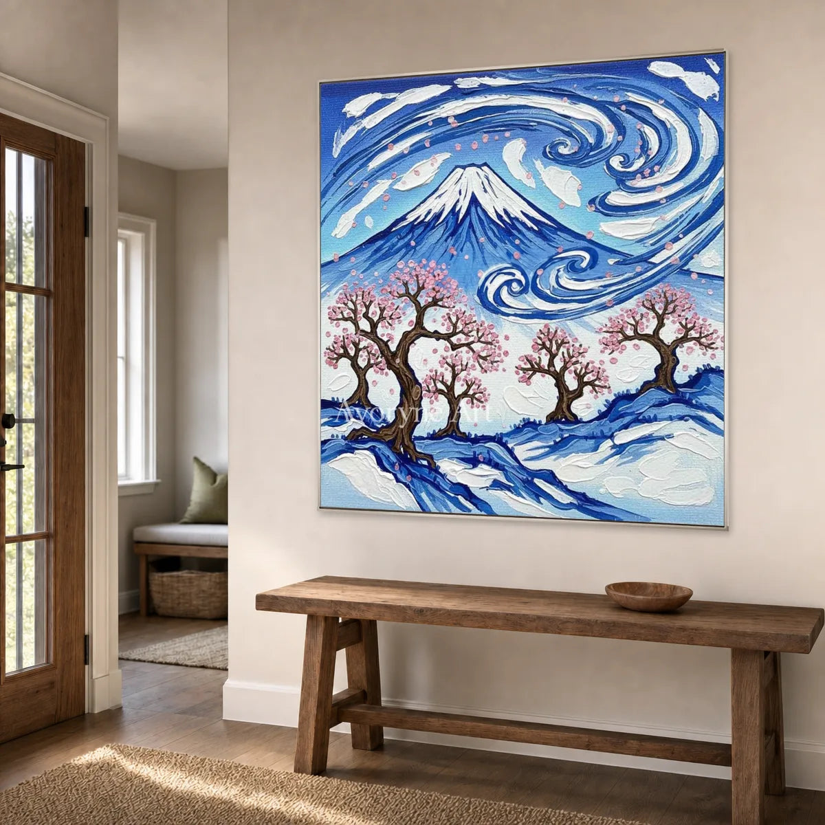 Fuji in Motion: Blue Mountain and Cherry Blossom Square Wall Art — entry silver