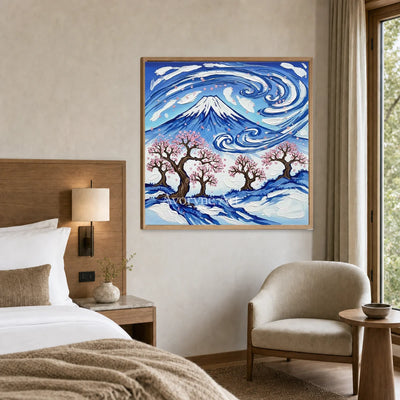 Fuji in Motion: Blue Mountain and Cherry Blossom Square Wall Art — hotel wood